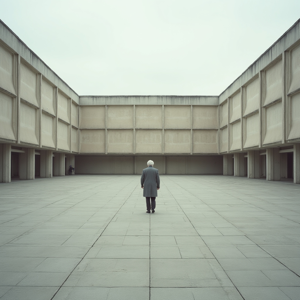 A wide, mostly empty concrete plaza with a few scattered figures