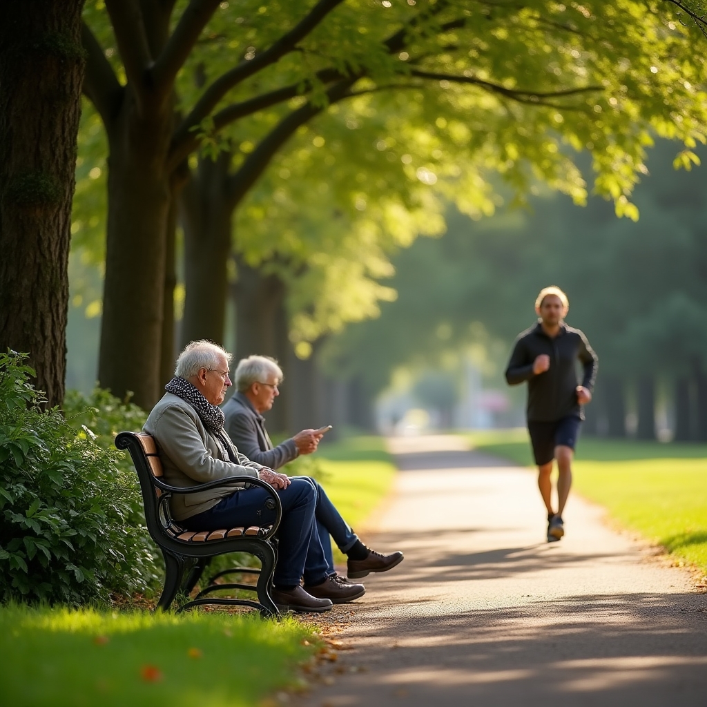 People sitting on park benches under trees in dappled afternoon light