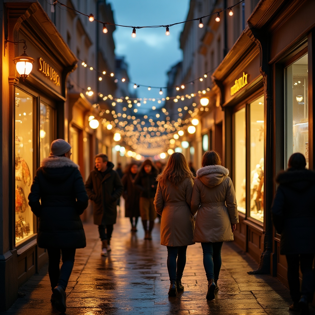 A pedestrian shopping street in the evening with warm lighting and walking crowds