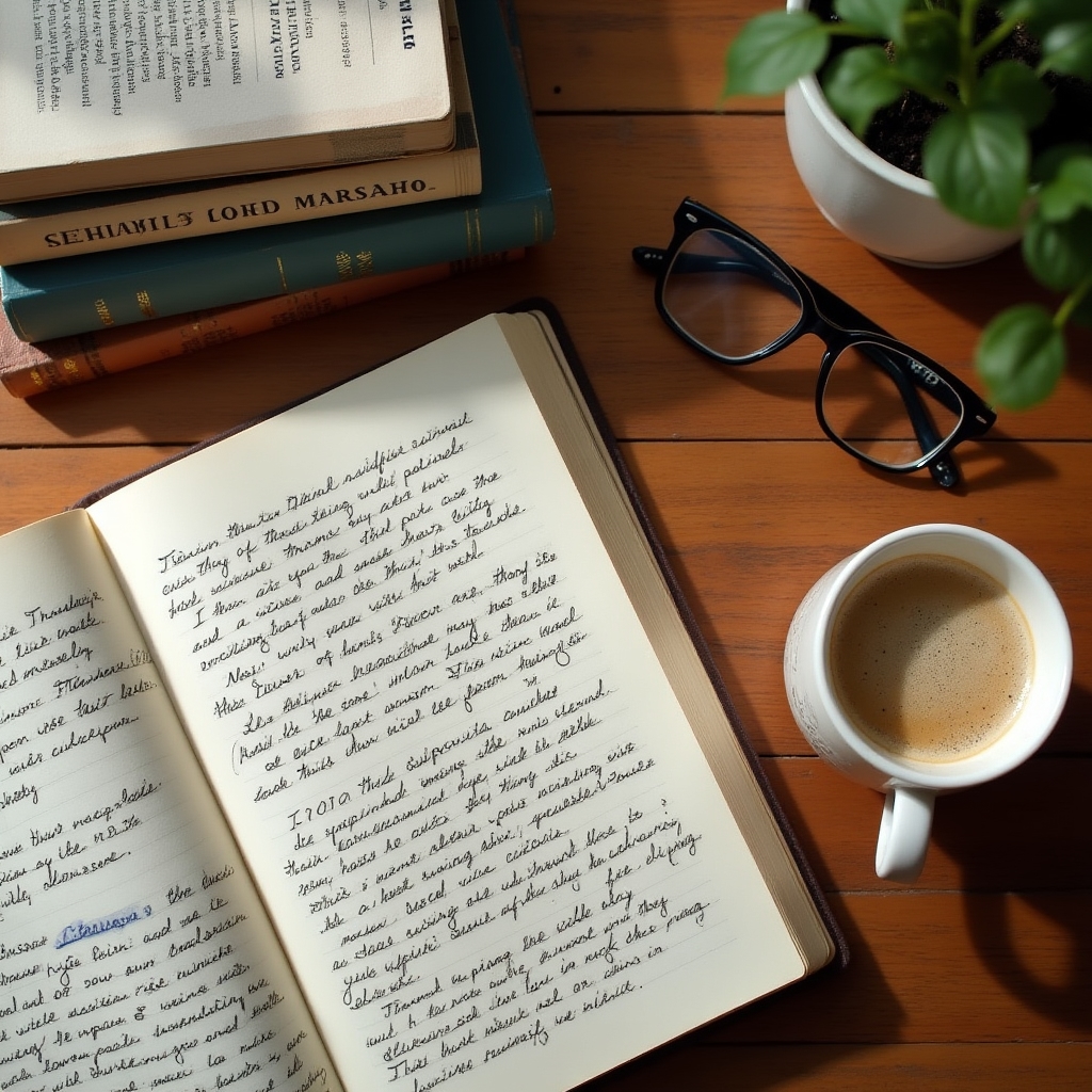 Stack of books on a desk beside handwritten notes and a cup of coffee