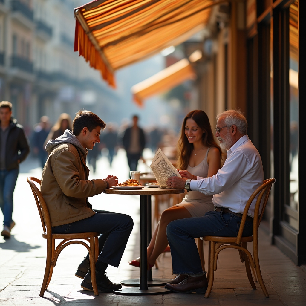 Cafe tables and chairs arranged along a lively plaza edge with pedestrians passing