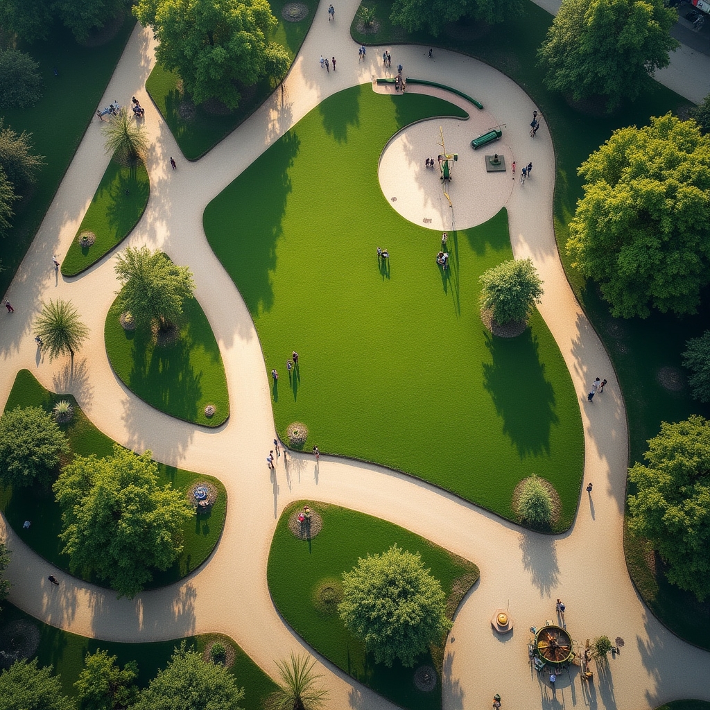 Aerial view of a public park layout with paths and seating areas