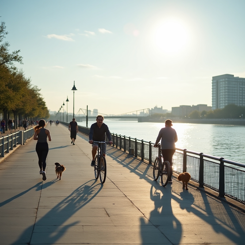 A waterfront promenade with pedestrians walking and cycling along the water's edge